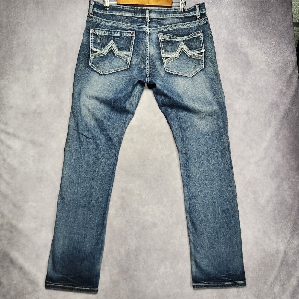 INC Jeans Mens 38x34 Blue Slim Straight Distressed Denim Contrast Stitch Pockets